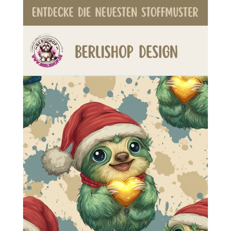 50 cm Baumwolle Canvas Weihnachten Faultier Grün Rot – 160 cm 153 g/m² Eigenproduktion