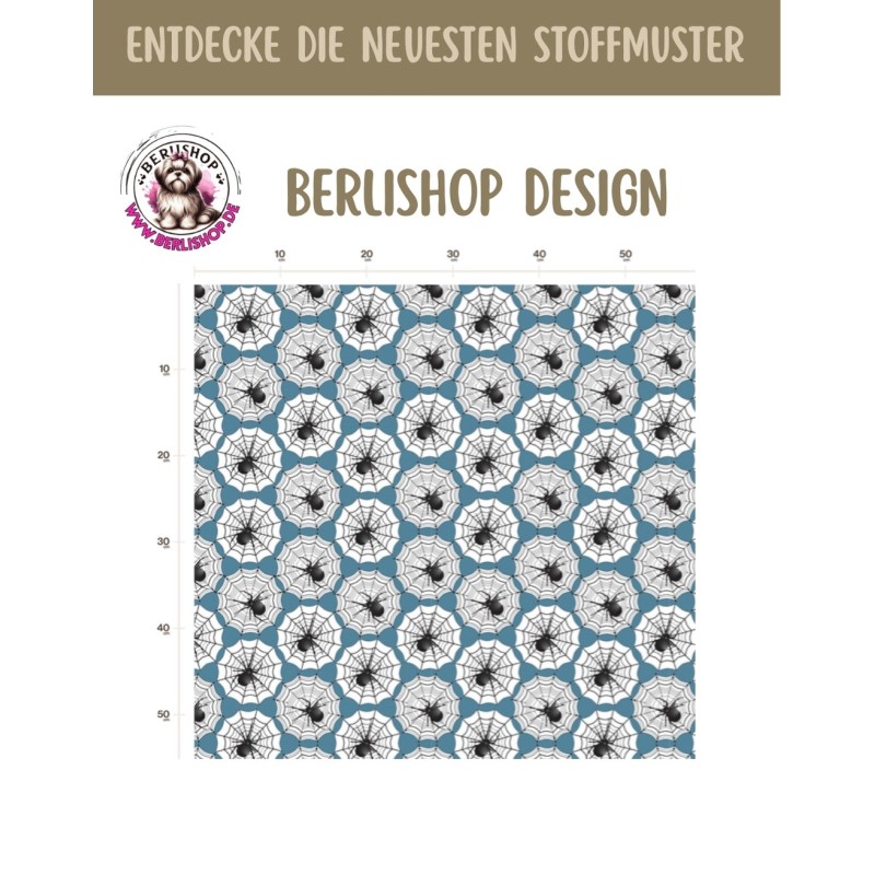 50 cm Baumwolle Canvas Haloween Spinnennetz Spinnen Petrol Schwarz Weiß  160 cm 153 g/m² Eigenproduktion