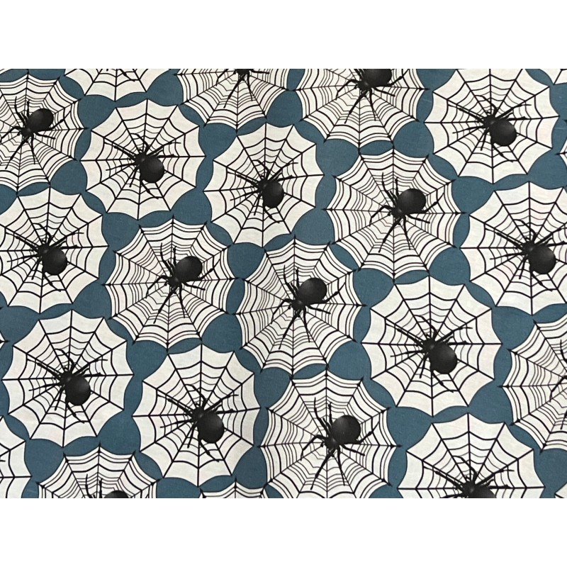 50 cm Baumwolle Canvas Haloween Spinnennetz Spinnen Petrol Schwarz Weiß  160 cm 153 g/m² Eigenproduktion