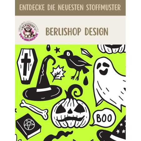 50 cm Baumwolle Canvas Haloween Halloween Geister Kürbis Hexenhut Sarg Grün Schwarz Weiß 160 cm 153 g/m² Eigenproduktion