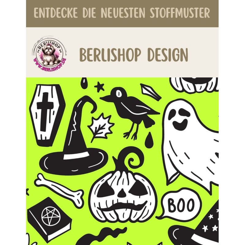 50 cm Baumwolle Canvas Haloween Halloween Geister Kürbis Hexenhut Sarg Grün Schwarz Weiß 160 cm 153 g/m² Eigenproduktion