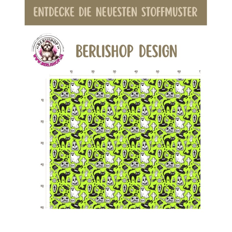 50 cm Baumwolle Canvas Haloween Halloween Geister Kürbis Hexenhut Sarg Grün Schwarz Weiß 160 cm 153 g/m² Eigenproduktion
