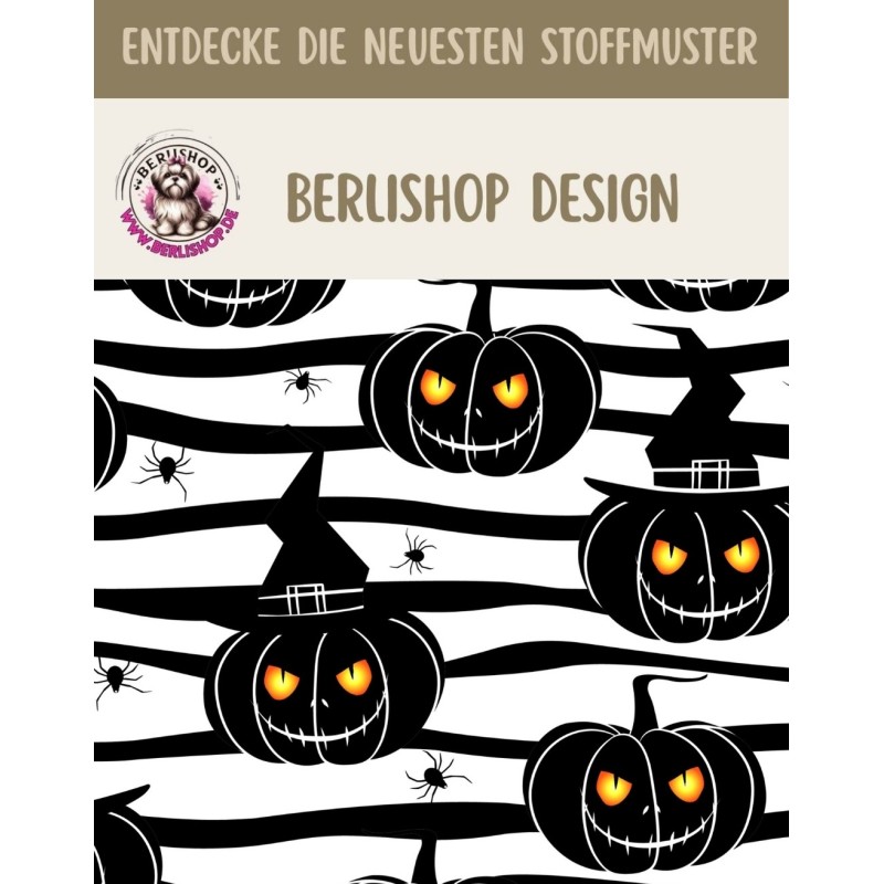 Baumwollstoff mit leuchtenden Halloween-Kürbissen auf schwarz-weiß gestreiftem Hintergrund.