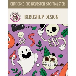 Baumwollstoff mit Geistern, Skeletten, Kürbissen und weiteren Halloween-Motiven auf lilafarbenem Hintergrund.