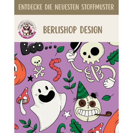 Baumwollstoff mit Geistern, Skeletten, Kürbissen und weiteren Halloween-Motiven auf lilafarbenem Hintergrund.
