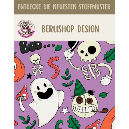 Baumwollstoff mit Geistern, Skeletten, Kürbissen und weiteren Halloween-Motiven auf lilafarbenem Hintergrund.
