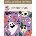 Baumwollstoff mit Geistern, Skeletten, Kürbissen und weiteren Halloween-Motiven auf lilafarbenem Hintergrund.