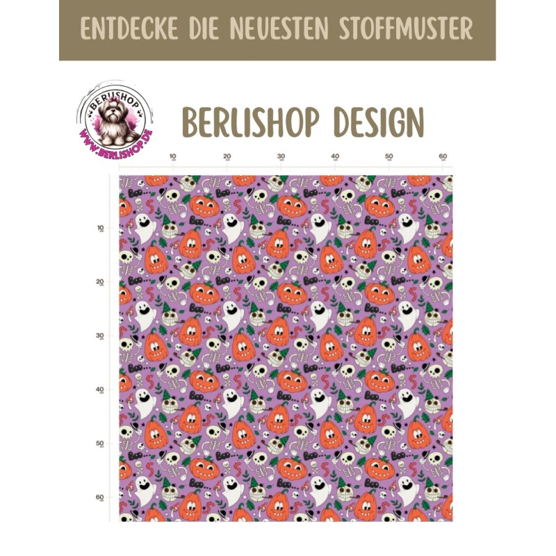 50 cm Baumwolle Canvas Haloween Geister Skelette Kürbisse Lila – bunter Gruselstoff 160 cm 153 g/m² Eigenprod
