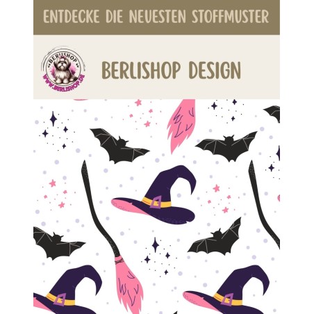 Baumwollstoff mit Hexenhüten und schwarzen Fledermäusen auf weißem Hintergrund mit lila-pinken Akzenten.