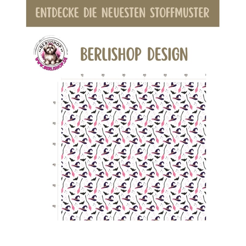 50 cm Baumwolle Canvas HaloweenHexenhüte Fledermäuse Weiß Lila Pink – modern 160 cm 153 g/m² Eigenproduktion