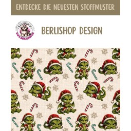 50 cm French Terry Sommersweat Weihnachten Drache Beige Grün Rot – 145 cm 240 g/m² Eigenproduktion