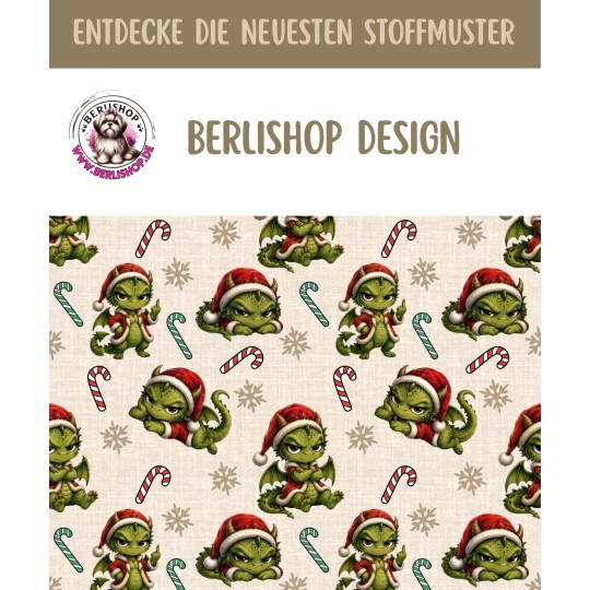 50 cm French Terry Sommersweat Weihnachten Drache Beige Grün Rot – 145 cm 240 g/m² Eigenproduktion