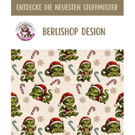 50 cm French Terry Sommersweat Weihnachten Drache Beige Grün Rot – 145 cm 240 g/m² Eigenproduktion