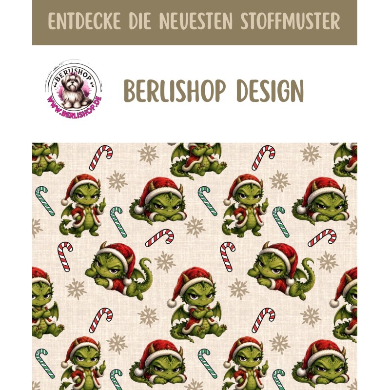 50 cm French Terry Sommersweat Weihnachten Drache Beige Grün Rot – 145 cm 240 g/m² Eigenproduktion