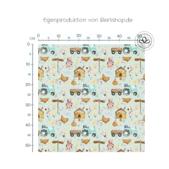 Baumwolle Canvas Bauernhof Stoff 160 cm –Tiere & Traktor Pastell – 153 g/m² – Eigenproduktion