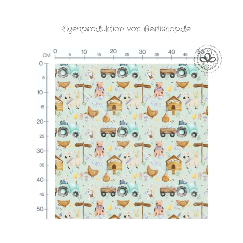 Baumwolle Canvas Bauernhof Stoff 160 cm –Tiere & Traktor Pastell – 153 g/m² – Eigenproduktion