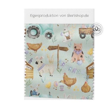 Baumwolle Canvas Bauernhof Stoff 160 cm –Tiere & Traktor Pastell – 153 g/m² – Eigenproduktion