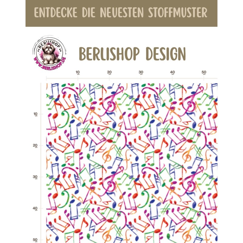 1m Coupon French Terry Sommersweat Musiknoten Bunt Weiß – 150 cm – Reaktivdruck – Eigenproduktion