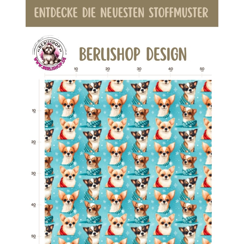 1m Coupon French Terry Sommersweat Chihuahua Weihnachten Türkis – 150 cm – Reaktivdruck – Eigenproduktion