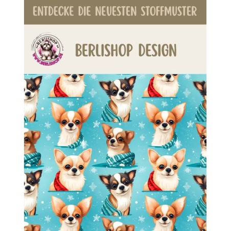 1m Coupon French Terry Sommersweat Chihuahua Weihnachten Türkis – 150 cm – Reaktivdruck – Eigenproduktion