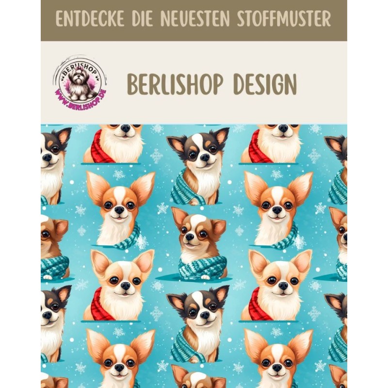 1m Coupon French Terry Sommersweat Chihuahua Weihnachten Türkis – 150 cm – Reaktivdruck – Eigenproduktion