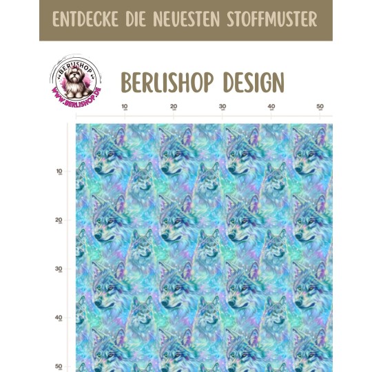 1m Coupon French Terry Sommersweat Wolf Fantasy Türkis Blau – 150 cm – Reaktivdruck – Eigenproduktion