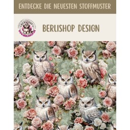1m Coupon French Terry Sommersweat Eulen Rosen Salbeigrün Rosa – 150 cm – Reaktivdruck – Eigenproduktion