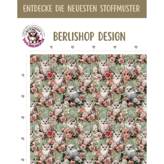 1m Coupon French Terry Sommersweat Eulen Rosen Salbeigrün Rosa – 150 cm – Reaktivdruck – Eigenproduktion