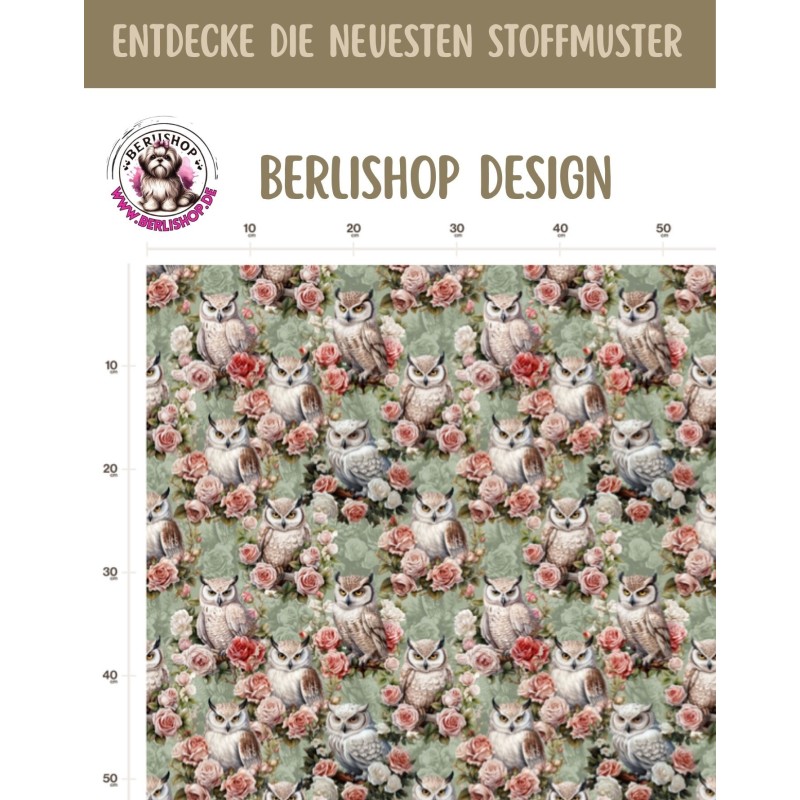 1m Coupon French Terry Sommersweat Eulen Rosen Salbeigrün Rosa – 150 cm – Reaktivdruck – Eigenproduktion