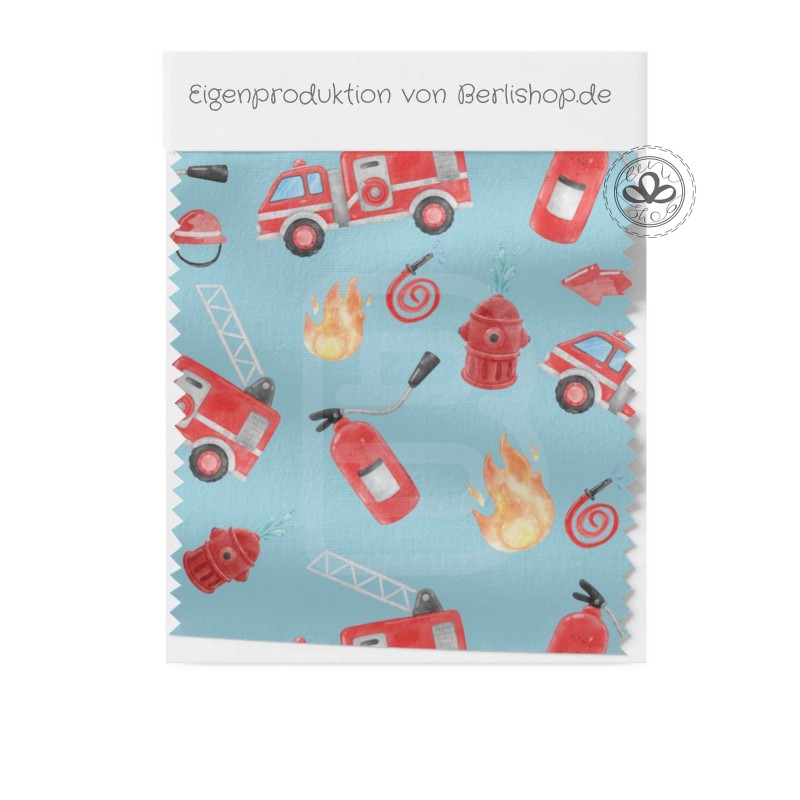 Baumwolle Canvas Feuerwehr Stoff 160 cm – Feuerwehrauto & Löschmotiv Blau – 153 g/m² – Eigenproduktion