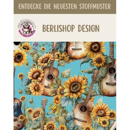 1m Coupon French Terry Sommersweat Gitarren Sonnenblumen Türkis Gelb– 150 cm – Reaktivdruck – Eigenproduktion