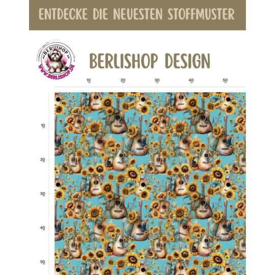 1m Coupon French Terry Sommersweat Gitarren Sonnenblumen Türkis Gelb– 150 cm – Reaktivdruck – Eigenproduktion