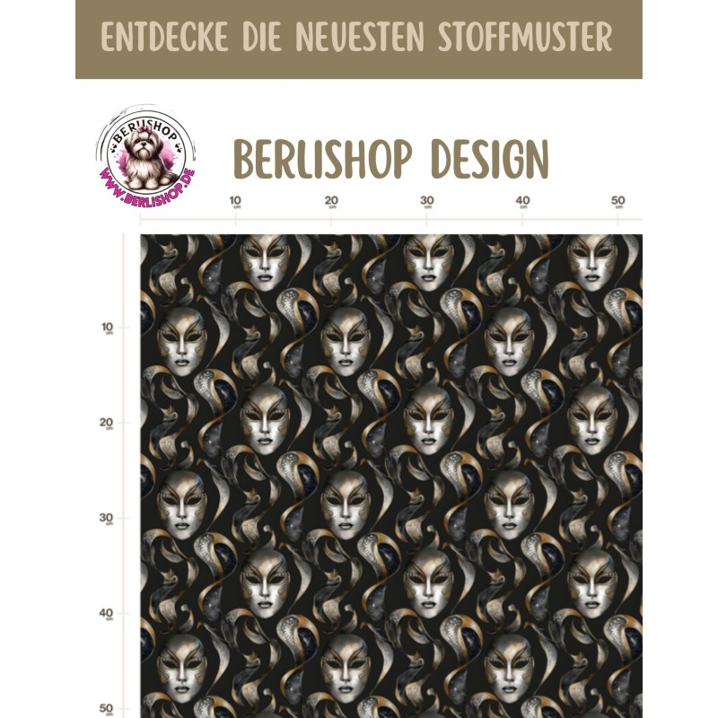 1m Coupon French Terry Sommersweat Masken Schwarz Gold Silber – 150 cm – Reaktivdruck – Eigenproduktion