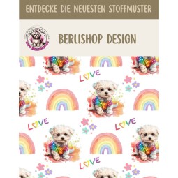 French Terry Sommersweat Malteser Stoff 145 cm – Regenbogen Love Hunde Motiv – 240 g/m² – Eigenproduktion