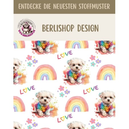 French Terry Sommersweat Malteser Stoff 145 cm – Regenbogen Love Hunde Motiv – 240 g/m² – Eigenproduktion