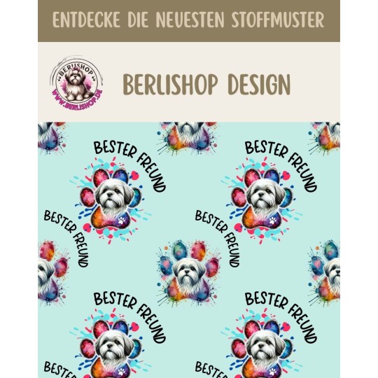 French Terry Sommersweat Shih Tzu  Stoff 145 cm – Bester Freund Hunde Motiv Mint – 240 g/m² – Eigenproduktion