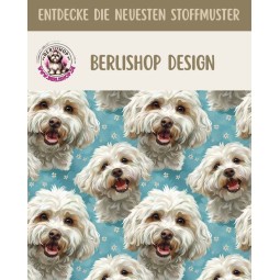 French Terry Sommersweat Malteser Stoff 145 cm  – Hunde Motiv Blau Pastell – 240 g/m² – Eigenproduktion