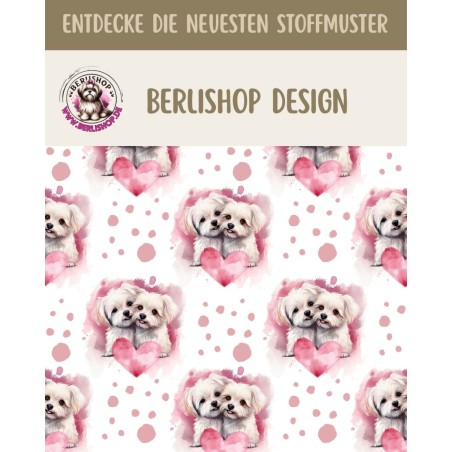 French Terry Sommersweat Malteser Stoff 145 cm – Hunde mit Herzen Rosa – 240 g/m² – Eigenproduktion