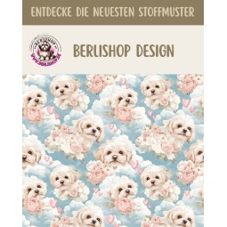 French Terry Sommersweat Malteser Stoff 145 cm  – Hunde Blumen Herzen Blau – 240 g/m² – Eigenproduktion