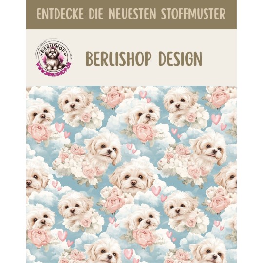 French Terry Sommersweat Malteser Stoff 145 cm  – Hunde Blumen Herzen Blau – 240 g/m² – Eigenproduktion