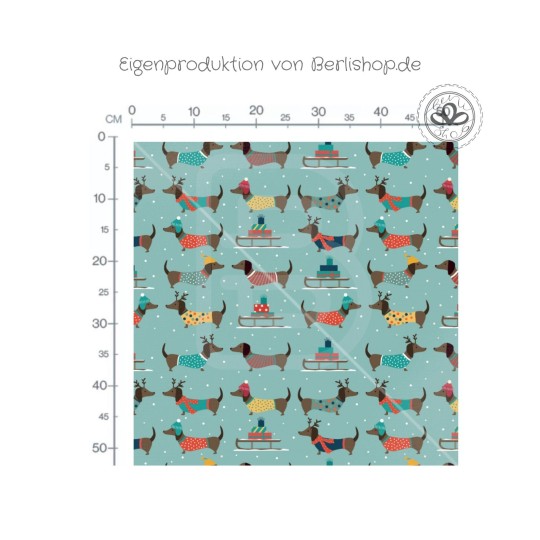 Designer Stoff Vorbestellung Dackel Winter – Hunde Stoff Meterware EP Eigenproduktion Türkis Nähstoff Hundestoff exklusiv