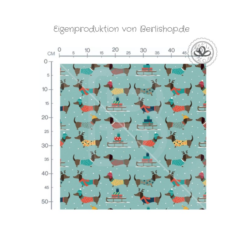 Designer Stoff Vorbestellung Dackel Winter – Hunde Stoff Meterware EP Eigenproduktion Türkis Nähstoff Hundestoff exklusiv