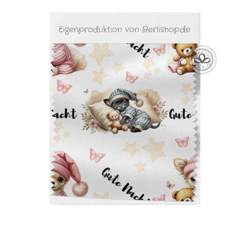 Baumwolle Canvas Gute Nacht Chihuahua Stoff 160 cm –  Sterne, kleine Hund, Teddy, Rosa – 153 g/m² – Eigenproduktion