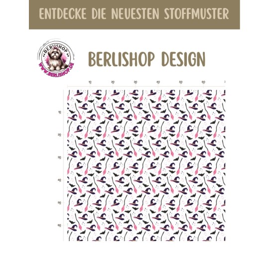 50 cm French Terry Sommersweat HaloweenHexenhüte Fledermäuse Weiß Lila Pink  –145 cm 240 g/m² Eigenproduktion