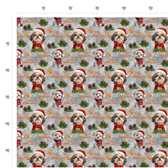50 cm French Terry Sommersweat Shih Tzu Weihnachten Grau Rot –145 cm 240 g/m² Eigenproduktion