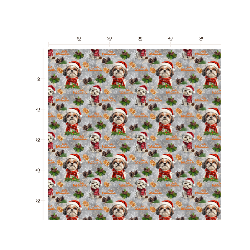50 cm French Terry Sommersweat Shih Tzu Weihnachten Grau Rot –145 cm 240 g/m² Eigenproduktion