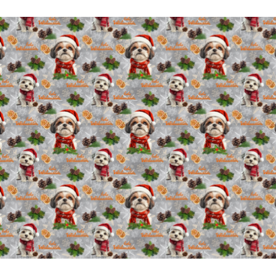 50 cm French Terry Sommersweat Shih Tzu Weihnachten Grau Rot –145 cm 240 g/m² Eigenproduktion