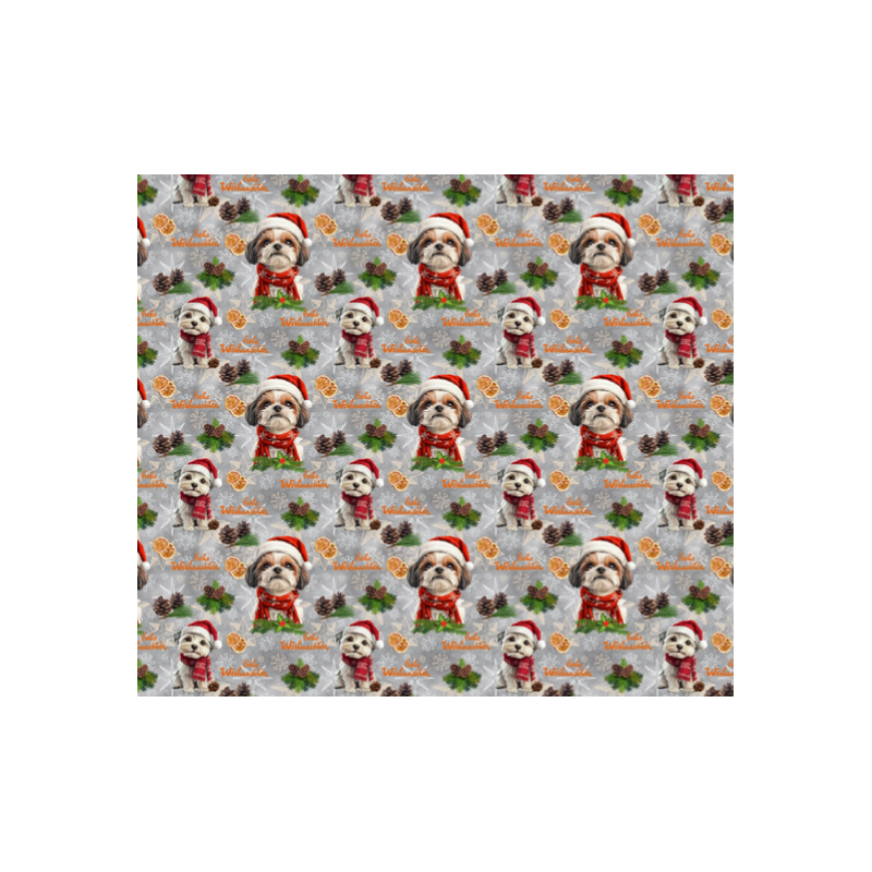50 cm French Terry Sommersweat Shih Tzu Weihnachten Grau Rot –145 cm 240 g/m² Eigenproduktion