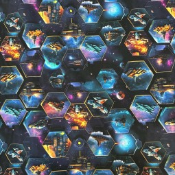 Jersey Stoff - Space Raumschiffe Hexagon Digitaldruck Überbreite 180 cm breit