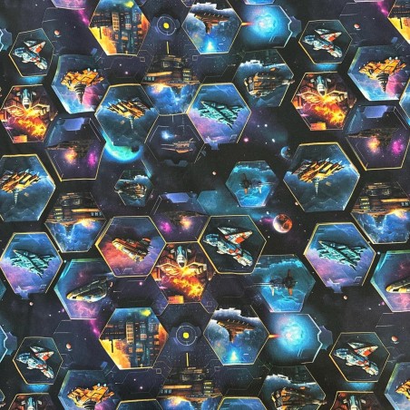 Jersey Stoff - Space Raumschiffe Hexagon Digitaldruck Überbreite 180 cm breit